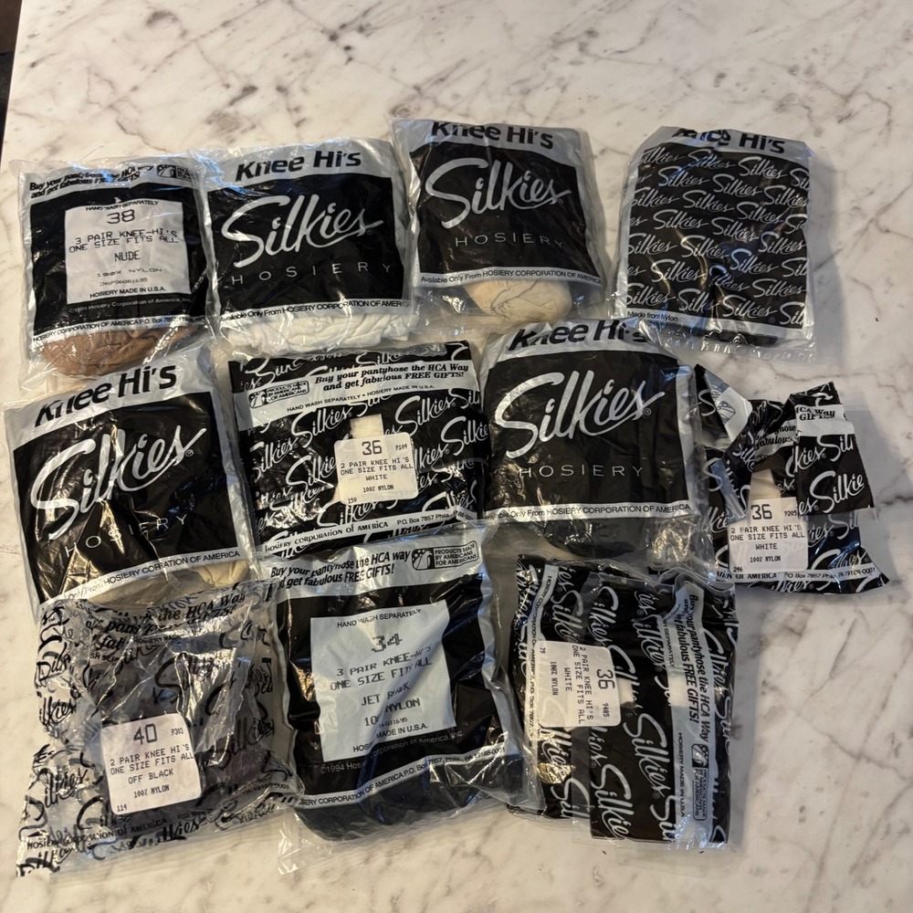 Vintage Silkies Hosiery Knee High Stockings Lot of 10 Packs Black White Nude USA